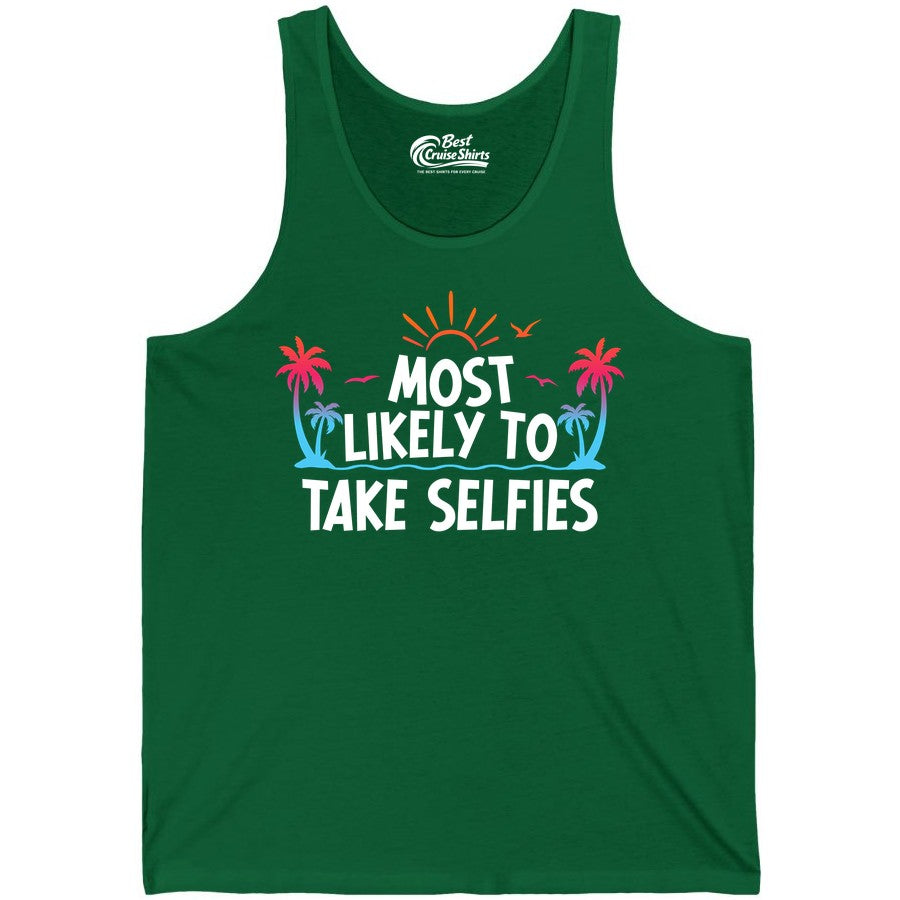 Most Likely to Take Selfies Shirt - Tropical Vacation Funny Tee (Tank Top) in Kelly - Most Likely to Take Selfies Tropical Sunset Palm Trees Shirt