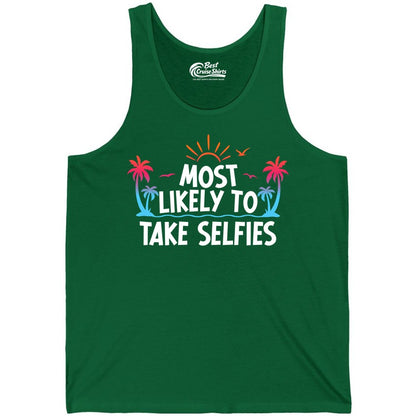 Most Likely to Take Selfies Shirt - Tropical Vacation Funny Tee (Tank Top) in Kelly - Most Likely to Take Selfies Tropical Sunset Palm Trees Shirt