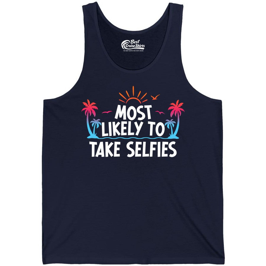 Most Likely to Take Selfies Shirt - Tropical Vacation Funny Tee (Tank Top) in Navy - Most Likely to Take Selfies Tropical Sunset Palm Trees Shirt
