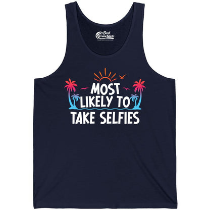 Most Likely to Take Selfies Shirt - Tropical Vacation Funny Tee (Tank Top) in Navy - Most Likely to Take Selfies Tropical Sunset Palm Trees Shirt