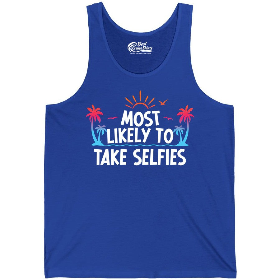 Most Likely to Take Selfies Shirt - Tropical Vacation Funny Tee (Tank Top) in True Royal - Most Likely to Take Selfies Tropical Sunset Palm Trees Shirt