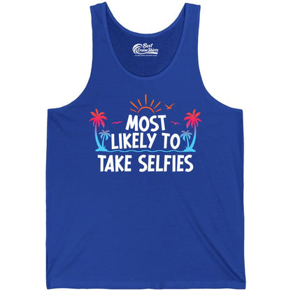 Most Likely to Take Selfies Shirt - Tropical Vacation Funny Tee (Tank Top) in True Royal - Most Likely to Take Selfies Tropical Sunset Palm Trees Shirt