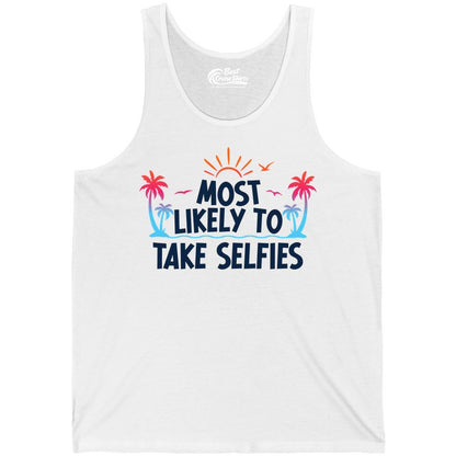 Most Likely to Take Selfies Shirt - Tropical Vacation Funny Tee (Tank Top) in White - Most Likely to Take Selfies Tropical Sunset Palm Trees Shirt
