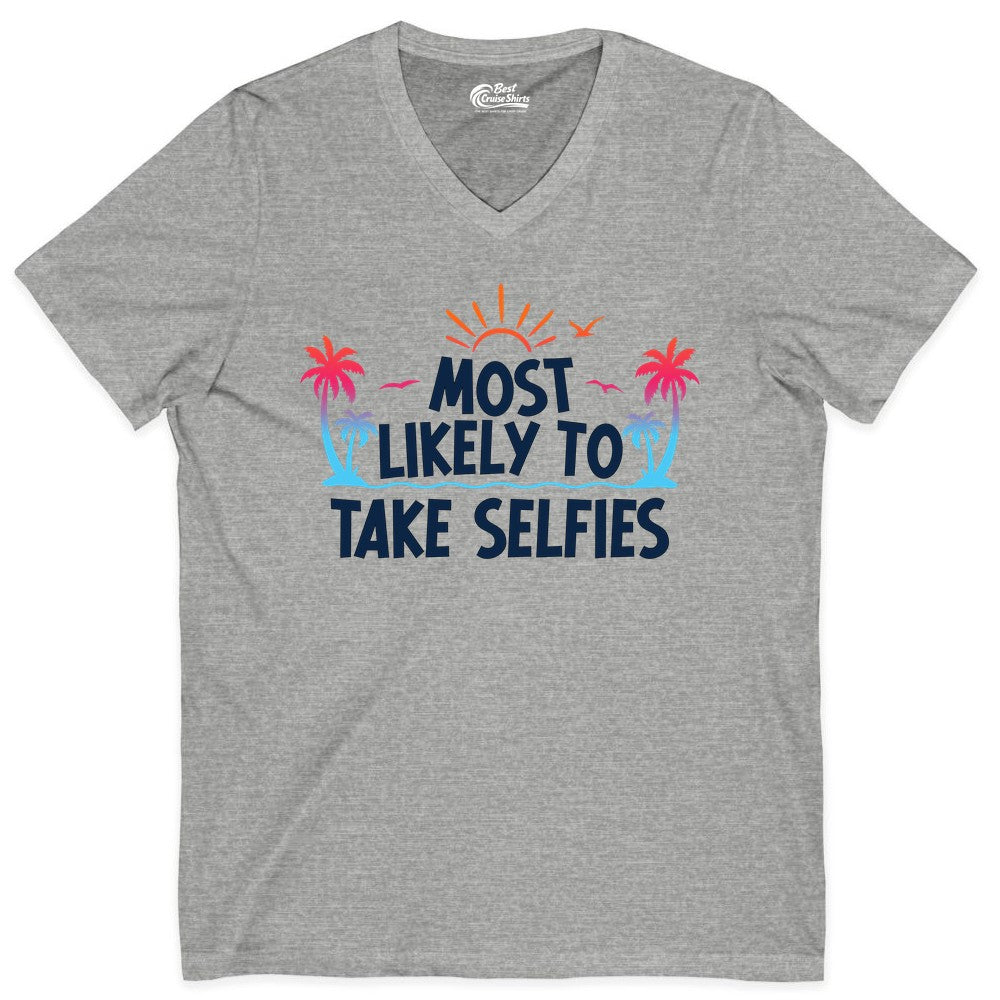 Most Likely to Take Selfies Shirt - Tropical Vacation Funny Tee (V-Neck) in Athletic Heather - Most Likely to Take Selfies Tropical Sunset Palm Trees Shirt