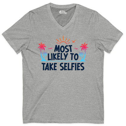 Most Likely to Take Selfies Shirt - Tropical Vacation Funny Tee (V-Neck) in Athletic Heather - Most Likely to Take Selfies Tropical Sunset Palm Trees Shirt