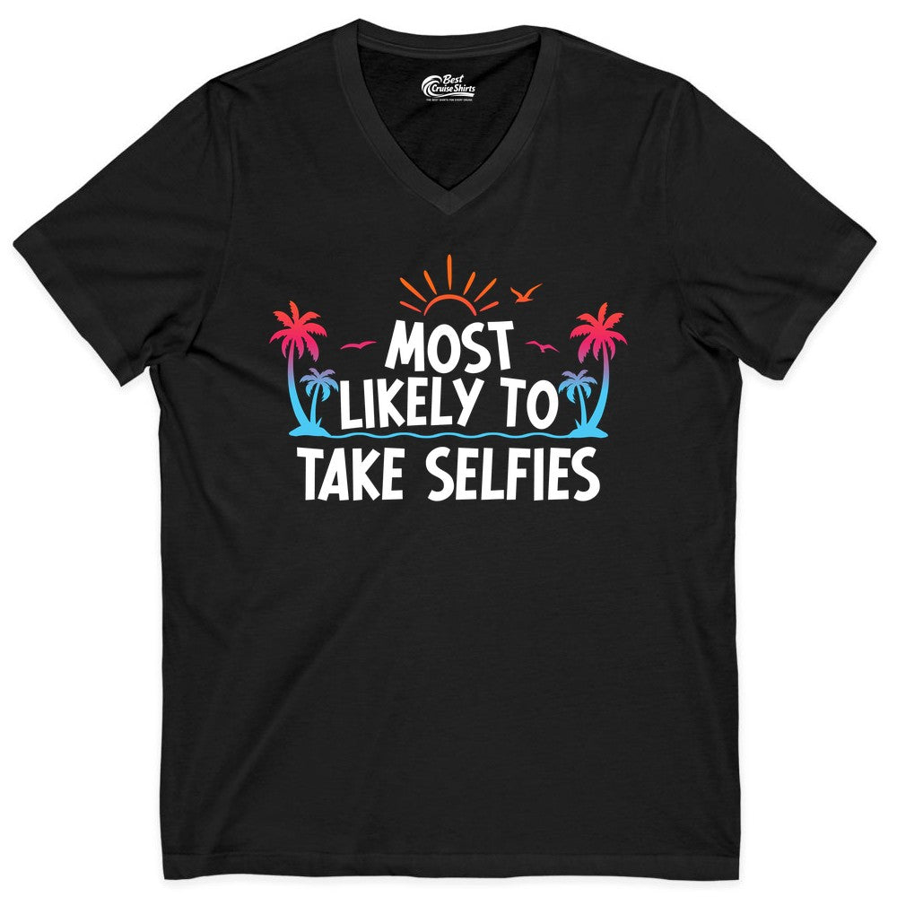 Most Likely to Take Selfies Shirt - Tropical Vacation Funny Tee (V-Neck) in Black - Most Likely to Take Selfies Tropical Sunset Palm Trees Shirt