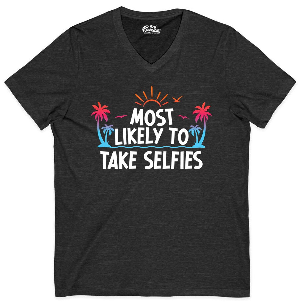 Most Likely to Take Selfies Shirt - Tropical Vacation Funny Tee (V-Neck) in Dark Grey Heather - Most Likely to Take Selfies Tropical Sunset Palm Trees Shirt