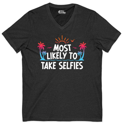 Most Likely to Take Selfies Shirt - Tropical Vacation Funny Tee (V-Neck) in Dark Grey Heather - Most Likely to Take Selfies Tropical Sunset Palm Trees Shirt