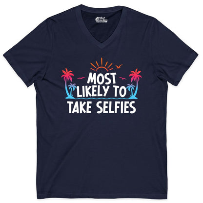 Most Likely to Take Selfies Shirt - Tropical Vacation Funny Tee (V-Neck) in Navy - Most Likely to Take Selfies Tropical Sunset Palm Trees Shirt