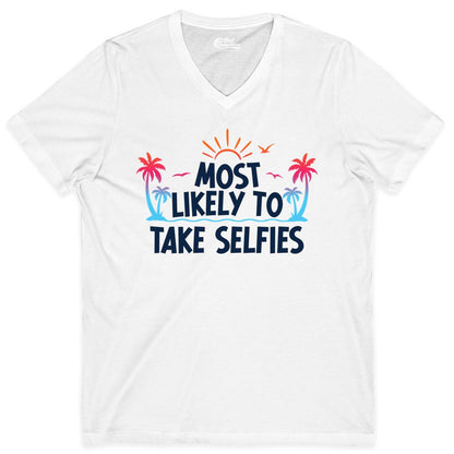 Most Likely to Take Selfies Shirt - Tropical Vacation Funny Tee (V-Neck) in White - Most Likely to Take Selfies Tropical Sunset Palm Trees Shirt