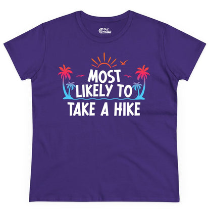 Most Likely to Take a Hike Shirt - Tropical Hiking Funny Tee (Ladies Tee) in Purple - Most Likely To Take A Hike Tropical Palm Trees Sunrise Hiking Shirt
