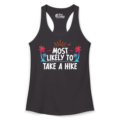 Most Likely to Take a Hike Shirt - Tropical Hiking Funny Tee (Ladies Tank) in Black - Most Likely To Take A Hike Tropical Palm Trees Sunrise Hiking Shirt