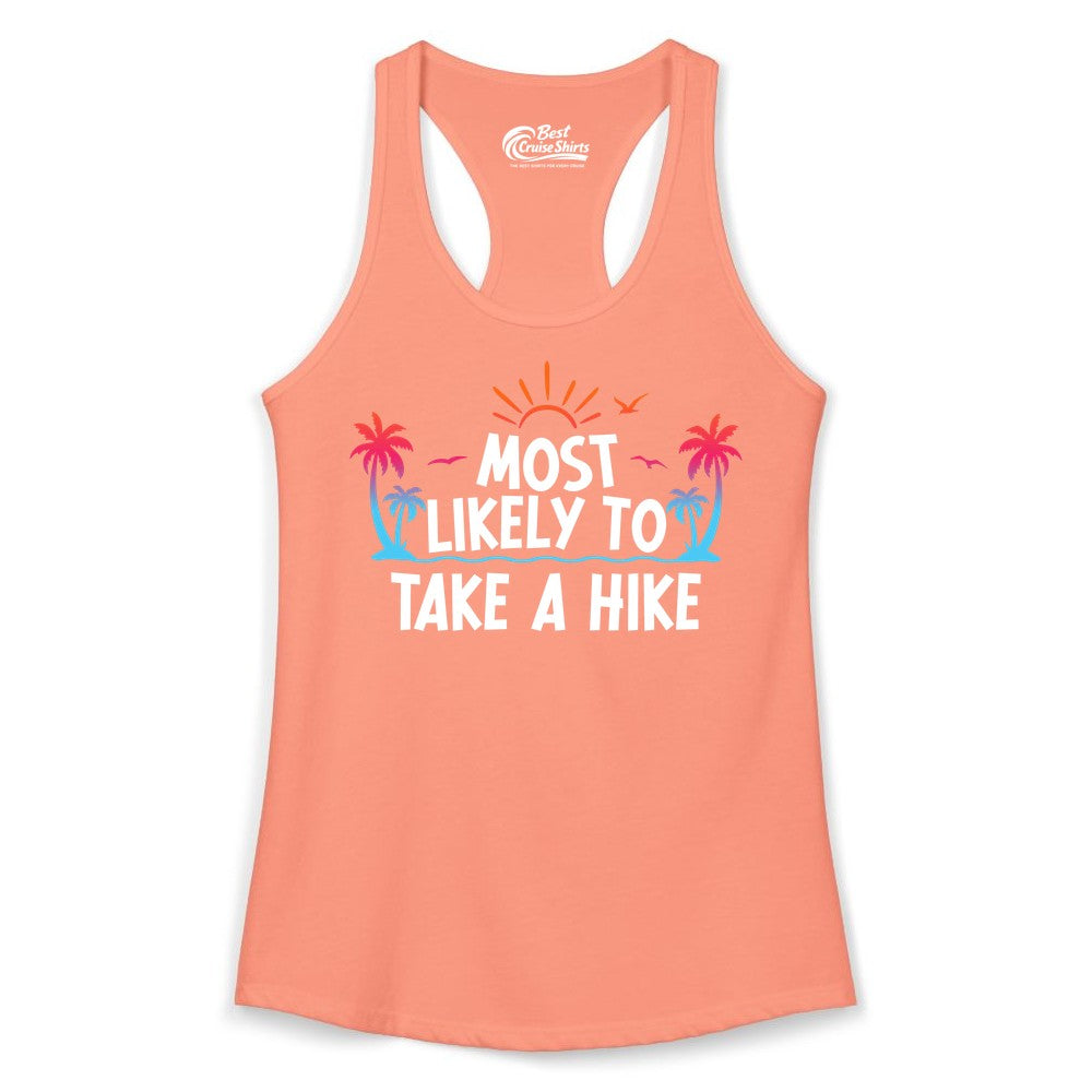 Most Likely to Take a Hike Shirt - Tropical Hiking Funny Tee (Ladies Tank) in Solid Light Orange - Most Likely To Take A Hike Tropical Palm Trees Sunrise Hiking Shirt