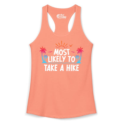 Most Likely to Take a Hike Shirt - Tropical Hiking Funny Tee (Ladies Tank) in Solid Light Orange - Most Likely To Take A Hike Tropical Palm Trees Sunrise Hiking Shirt