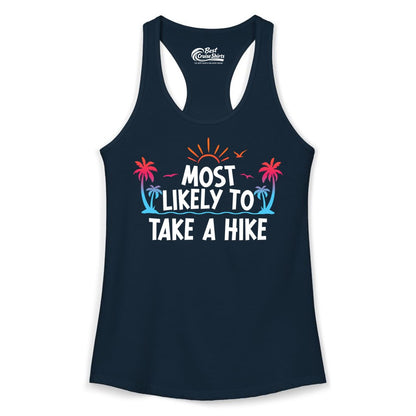Most Likely to Take a Hike Shirt - Tropical Hiking Funny Tee (Ladies Tank) in Solid Midnight Navy - Most Likely To Take A Hike Tropical Palm Trees Sunrise Hiking Shirt