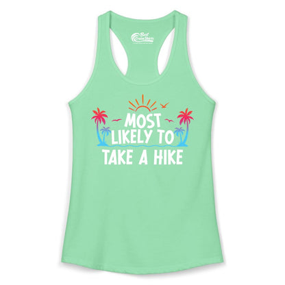 Most Likely to Take a Hike Shirt - Tropical Hiking Funny Tee (Ladies Tank) in Solid Mint - Most Likely To Take A Hike Tropical Palm Trees Sunrise Hiking Shirt