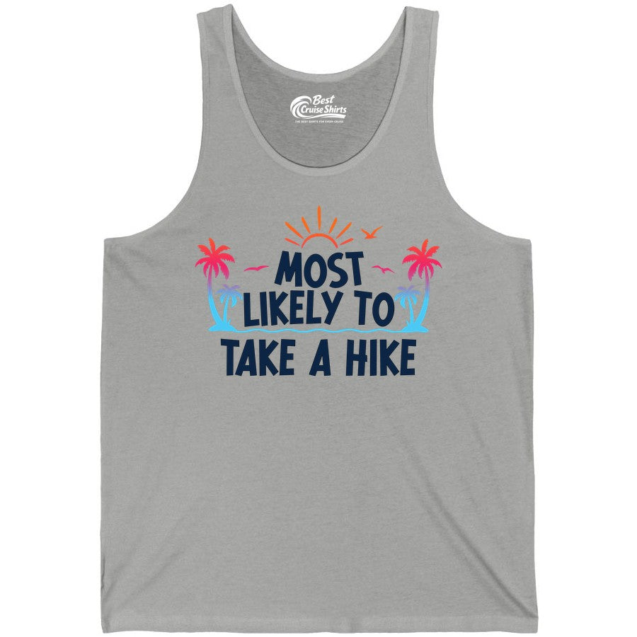 Most Likely to Take a Hike Shirt - Tropical Hiking Funny Tee (Tank Top) in Athletic Heather - Most Likely To Take A Hike Tropical Palm Trees Sunrise Hiking Shirt