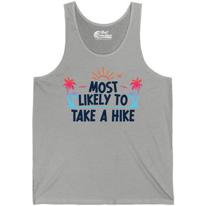 Most Likely to Take a Hike Shirt - Tropical Hiking Funny Tee (Tank Top) in Athletic Heather - Most Likely To Take A Hike Tropical Palm Trees Sunrise Hiking Shirt