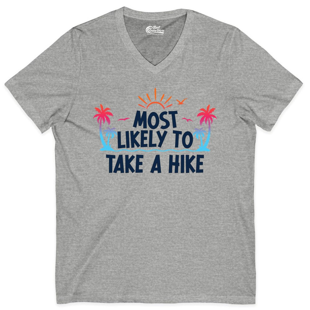 Most Likely to Take a Hike Shirt - Tropical Hiking Funny Tee (V-Neck) in Athletic Heather - Most Likely To Take A Hike Tropical Palm Trees Sunrise Hiking Shirt