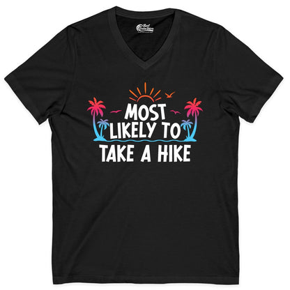 Most Likely to Take a Hike Shirt - Tropical Hiking Funny Tee (V-Neck) in Black - Most Likely To Take A Hike Tropical Palm Trees Sunrise Hiking Shirt
