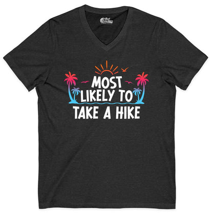 Most Likely to Take a Hike Shirt - Tropical Hiking Funny Tee (V-Neck) in Dark Grey Heather - Most Likely To Take A Hike Tropical Palm Trees Sunrise Hiking Shirt