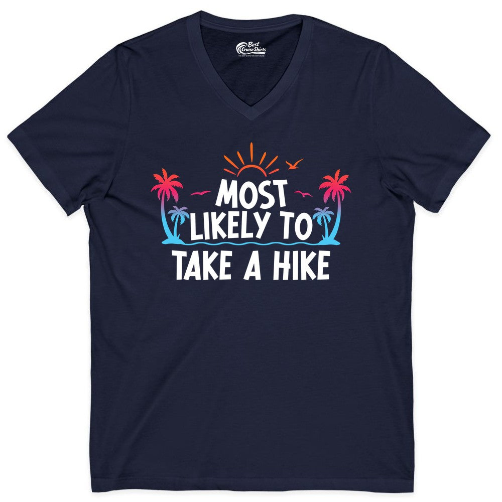 Most Likely to Take a Hike Shirt - Tropical Hiking Funny Tee (V-Neck) in Navy - Most Likely To Take A Hike Tropical Palm Trees Sunrise Hiking Shirt