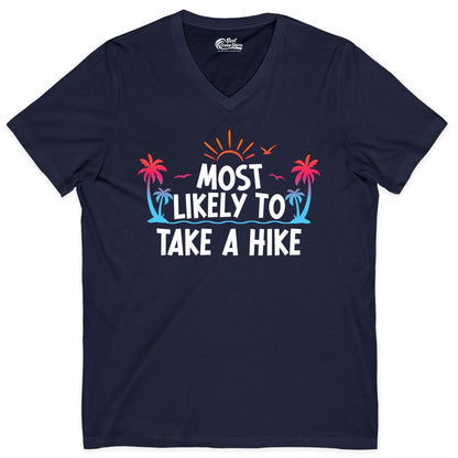 Most Likely to Take a Hike Shirt - Tropical Hiking Funny Tee (V-Neck) in Navy - Most Likely To Take A Hike Tropical Palm Trees Sunrise Hiking Shirt