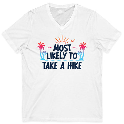 Most Likely to Take a Hike Shirt - Tropical Hiking Funny Tee (V-Neck) in White - Most Likely To Take A Hike Tropical Palm Trees Sunrise Hiking Shirt