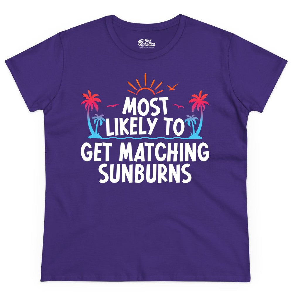 Matching Sunburn Shirts - Funny Tropical Vacation Apparel for Groups (Ladies Tee) in Purple - Most Likely To Get Matching Sunburns Tropical Palm Tree Shirt