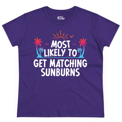 Matching Sunburn Shirts - Funny Tropical Vacation Apparel for Groups (Ladies Tee) in Purple - Most Likely To Get Matching Sunburns Tropical Palm Tree Shirt