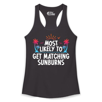 Matching Sunburn Shirts - Funny Tropical Vacation Apparel for Groups (Ladies Tank) in Black - Most Likely To Get Matching Sunburns Tropical Palm Tree Shirt