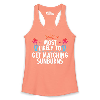 Matching Sunburn Shirts - Funny Tropical Vacation Apparel for Groups (Ladies Tank) in Solid Light Orange - Most Likely To Get Matching Sunburns Tropical Palm Tree Shirt