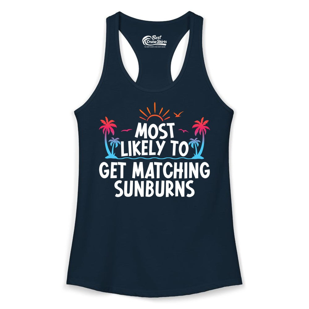 Matching Sunburn Shirts - Funny Tropical Vacation Apparel for Groups (Ladies Tank) in Solid Midnight Navy - Most Likely To Get Matching Sunburns Tropical Palm Tree Shirt