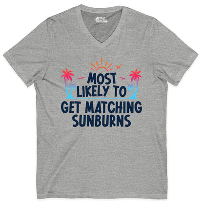 Matching Sunburn Shirts - Funny Tropical Vacation Apparel for Groups (V-Neck) in Athletic Heather - Most Likely To Get Matching Sunburns Tropical Palm Tree Shirt