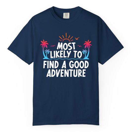Tropical Adventure Shirt - Sunset Palm Tree Vacation T-Shirt (Comfort Color) in Navy - Tropical Adventure Shirt - Sunset Palm Trees Bold Motivational Design