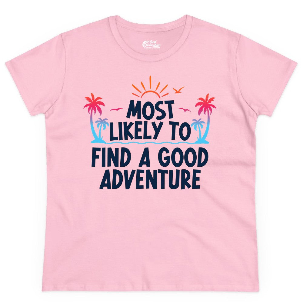 Tropical Adventure Shirt - Sunset Palm Tree Vacation T-Shirt (Ladies Tee) in Light Pink - Tropical Adventure Shirt - Sunset Palm Trees Bold Motivational Design