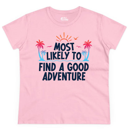 Tropical Adventure Shirt - Sunset Palm Tree Vacation T-Shirt (Ladies Tee) in Light Pink - Tropical Adventure Shirt - Sunset Palm Trees Bold Motivational Design