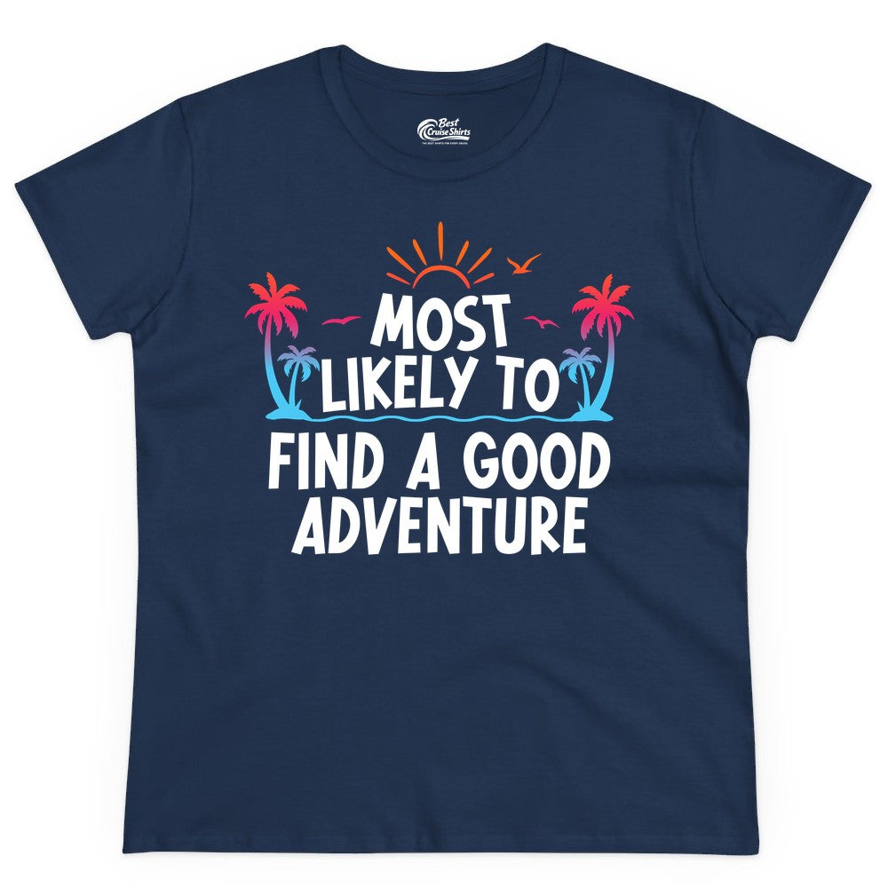Tropical Adventure Shirt - Sunset Palm Tree Vacation T-Shirt (Ladies Tee) in Navy - Tropical Adventure Shirt - Sunset Palm Trees Bold Motivational Design