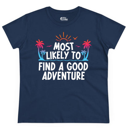 Tropical Adventure Shirt - Sunset Palm Tree Vacation T-Shirt (Ladies Tee) in Navy - Tropical Adventure Shirt - Sunset Palm Trees Bold Motivational Design