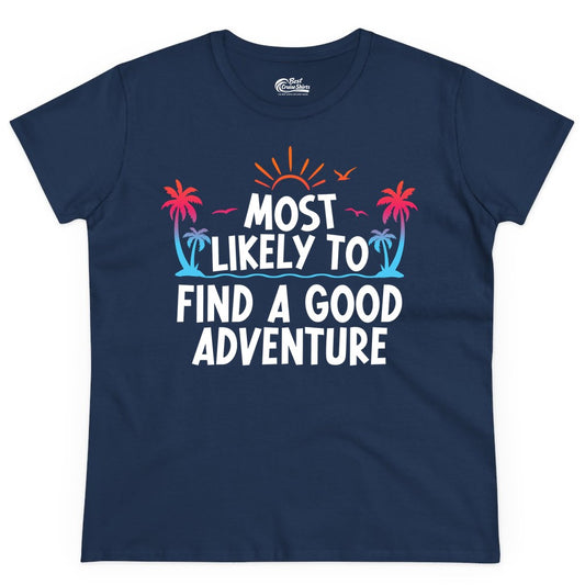 Tropical Adventure Shirt - Sunset Palm Tree Vacation T-Shirt (Ladies Tee) in Navy - Tropical Adventure Shirt - Sunset Palm Trees Bold Motivational Design