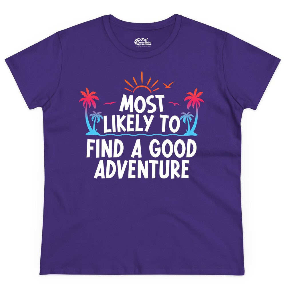 Tropical Adventure Shirt - Sunset Palm Tree Vacation T-Shirt (Ladies Tee) in Purple - Tropical Adventure Shirt - Sunset Palm Trees Bold Motivational Design