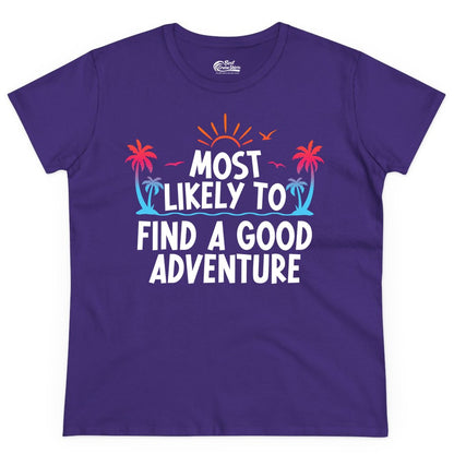 Tropical Adventure Shirt - Sunset Palm Tree Vacation T-Shirt (Ladies Tee) in Purple - Tropical Adventure Shirt - Sunset Palm Trees Bold Motivational Design