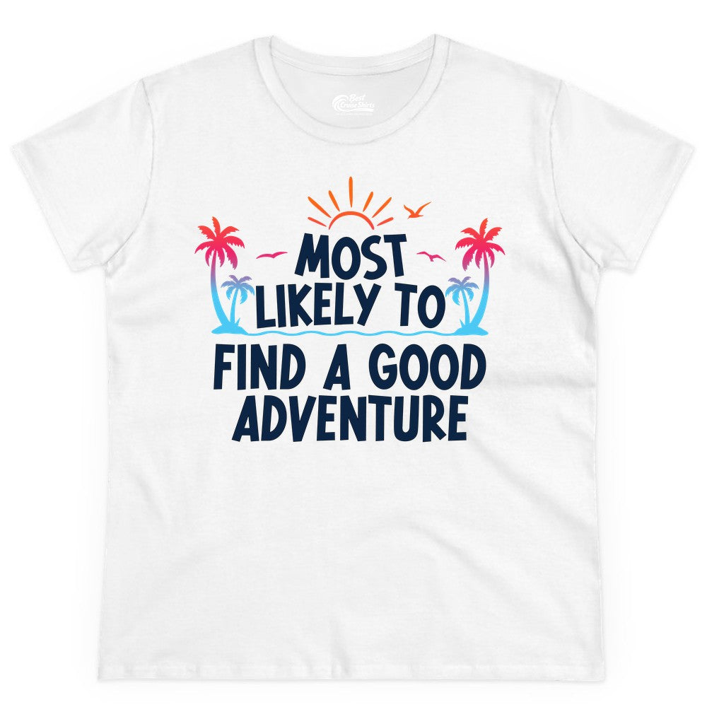 Tropical Adventure Shirt - Sunset Palm Tree Vacation T-Shirt (Ladies Tee) in White - Tropical Adventure Shirt - Sunset Palm Trees Bold Motivational Design