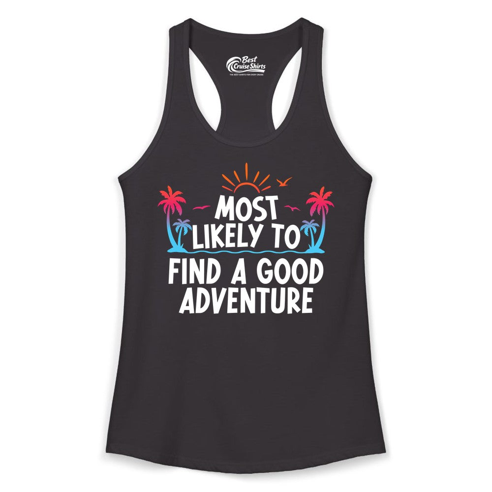 Tropical Adventure Shirt - Sunset Palm Tree Vacation T-Shirt (Ladies Tank) in Black - Tropical Adventure Shirt - Sunset Palm Trees Bold Motivational Design