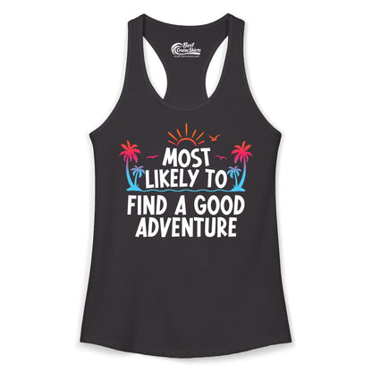 Tropical Adventure Shirt - Sunset Palm Tree Vacation T-Shirt (Ladies Tank) in Black - Tropical Adventure Shirt - Sunset Palm Trees Bold Motivational Design