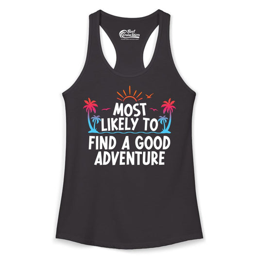 Tropical Adventure Shirt - Sunset Palm Tree Vacation T-Shirt (Ladies Tank) in Black - Tropical Adventure Shirt - Sunset Palm Trees Bold Motivational Design