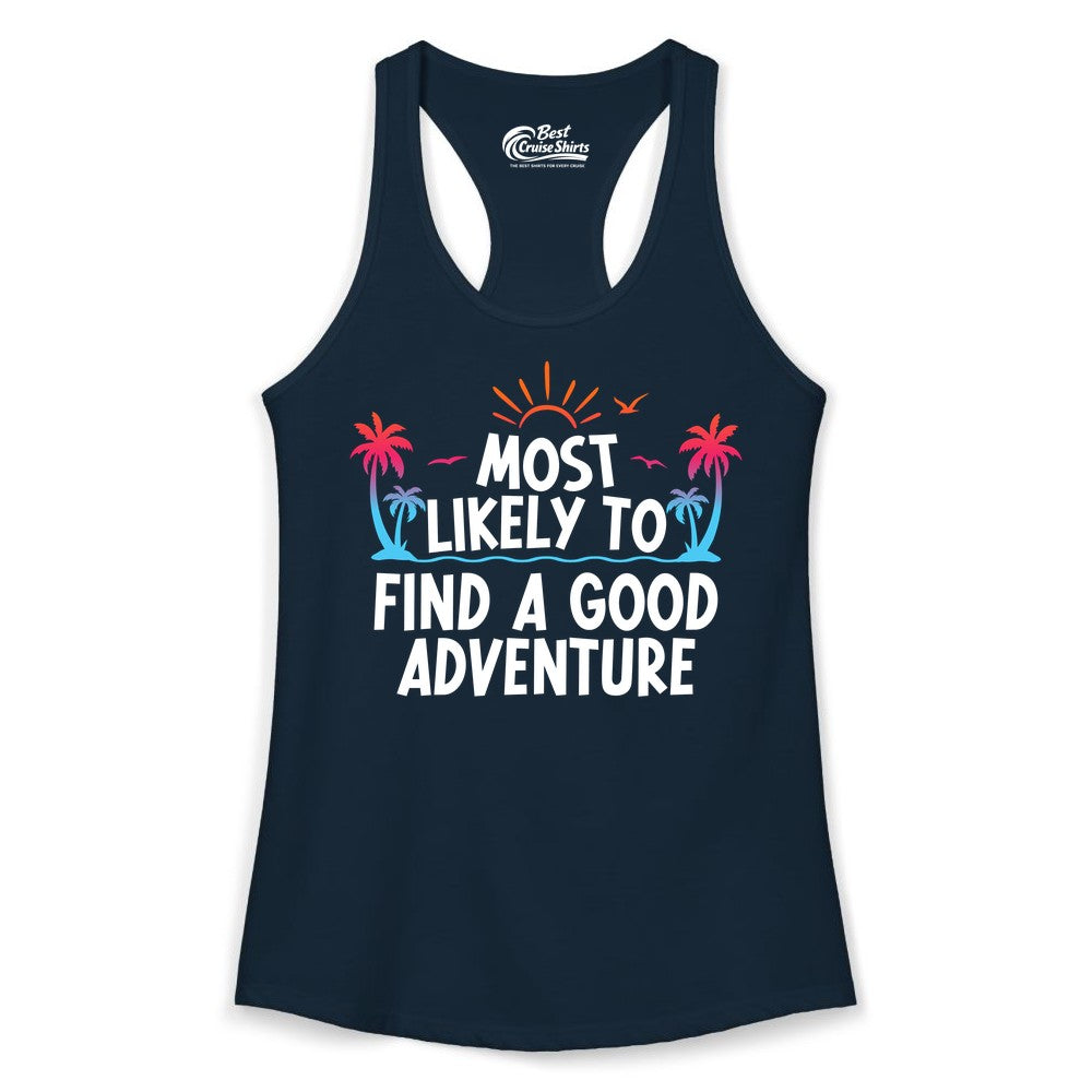 Tropical Adventure Shirt - Sunset Palm Tree Vacation T-Shirt (Ladies Tank) in Solid Midnight Navy - Tropical Adventure Shirt - Sunset Palm Trees Bold Motivational Design