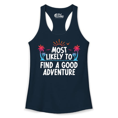 Tropical Adventure Shirt - Sunset Palm Tree Vacation T-Shirt (Ladies Tank) in Solid Midnight Navy - Tropical Adventure Shirt - Sunset Palm Trees Bold Motivational Design