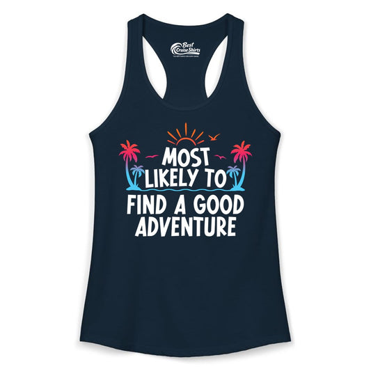 Tropical Adventure Shirt - Sunset Palm Tree Vacation T-Shirt (Ladies Tank) in Solid Midnight Navy - Tropical Adventure Shirt - Sunset Palm Trees Bold Motivational Design