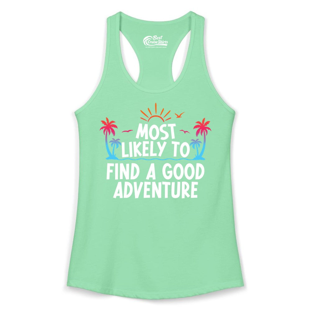 Tropical Adventure Shirt - Sunset Palm Tree Vacation T-Shirt (Ladies Tank) in Solid Mint - Tropical Adventure Shirt - Sunset Palm Trees Bold Motivational Design